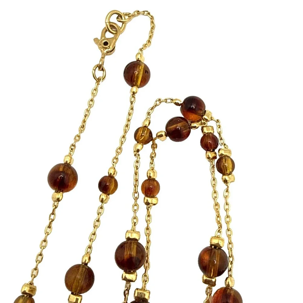 Vintage MONET Amber Brown Bead Station Necklace Gold Tone Opera Statement 30